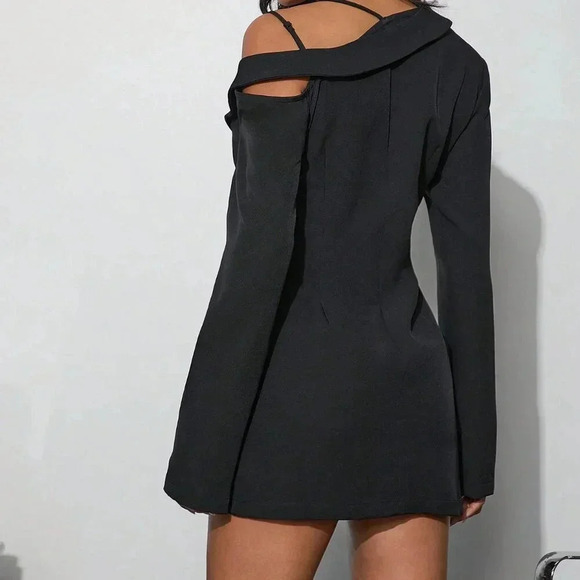 Black Elegant Women's Sexy Solid Asymmetrical Blazer Mini Dress - Picture 4 of 6